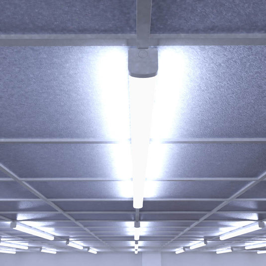 LED battens in an office, cool white, mid shot