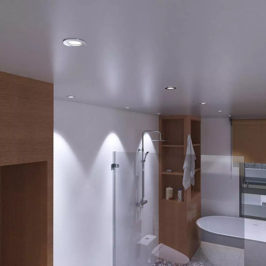 Brushed Chrome, Fire Rated GU10, IP65 Downlight in cool white light bathroom setting