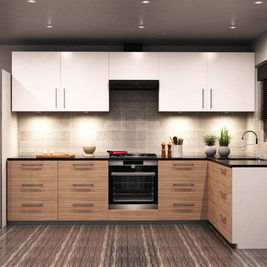 Kitchen lit by natural white under cabinet lights