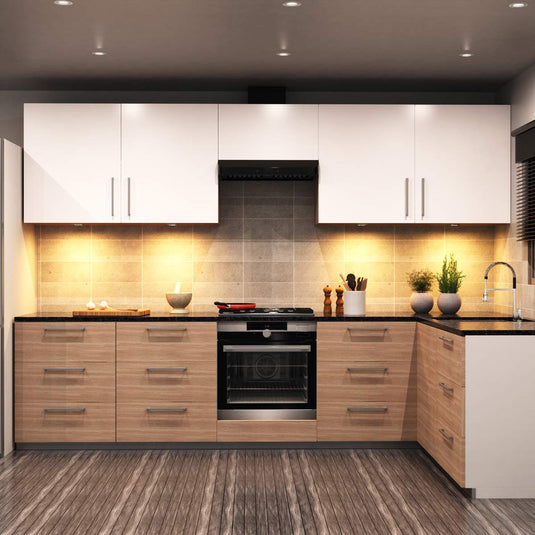 Kitchen lit by warm white LED cabinet lights