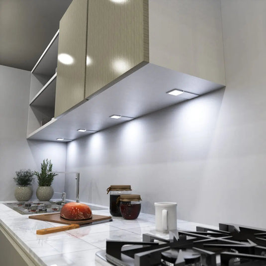 Recti Superslim 5w LED Cabinet Light, Matte White, in cool white light lit, above the sink setting
