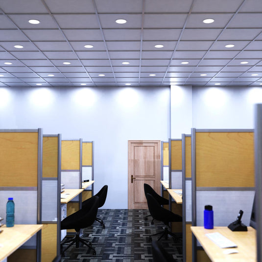Full view of an office with cool white LED panels
