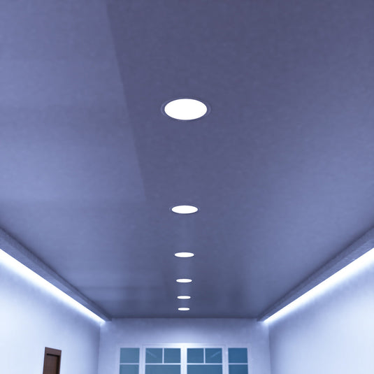 Close view of a cool white round panel in a ceiling