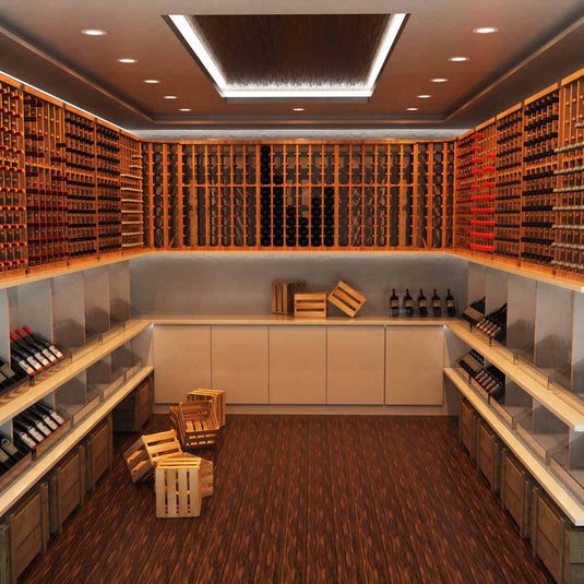 Wine cellar lit in warm white by circular LED panels