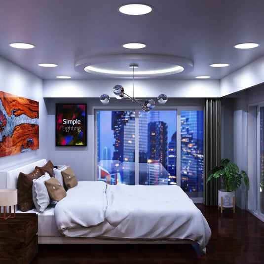 Circular 24w LED Panel in cool white light bedroom setting