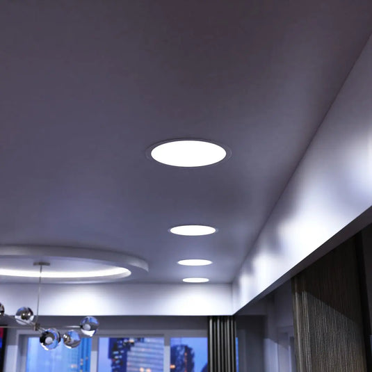 300mm, 24w Round LED Panel Light, CCT in cool white light ceiling setting