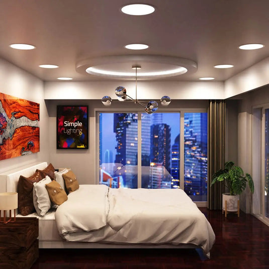 Circular 24w LED Panel in natural white light bedroom setting