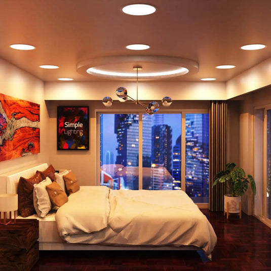 Circular 24w LED Panel in warm white light bedroom setting