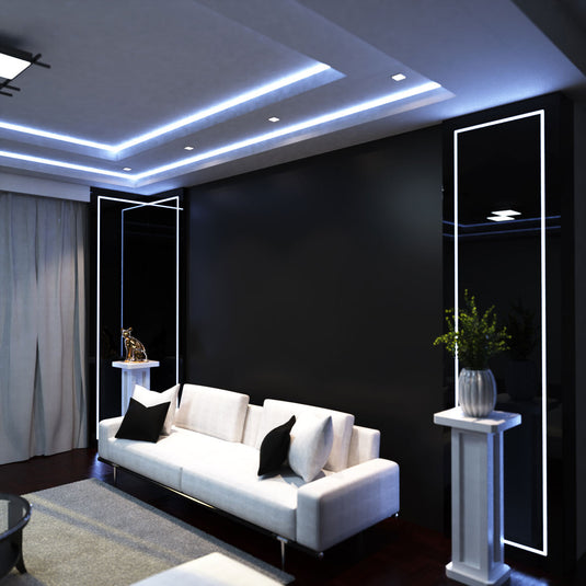 Close up of cool white strip light in a living room