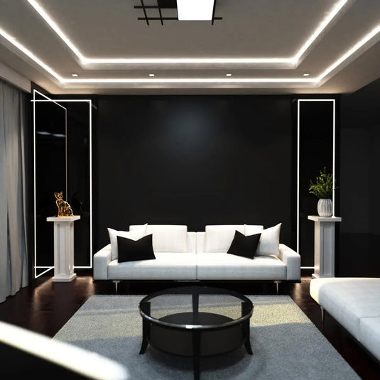 COB Dotless LED Strip Lighting, Natural White mounted on the ceiling, living room setting front facing