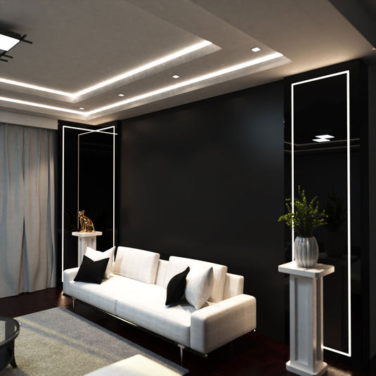 Side view of a living room lit by natural white COB strip