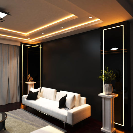 Living room lit with warm white COB strip lights