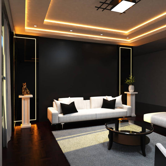 Warm white COB strip lighting along a living room wall