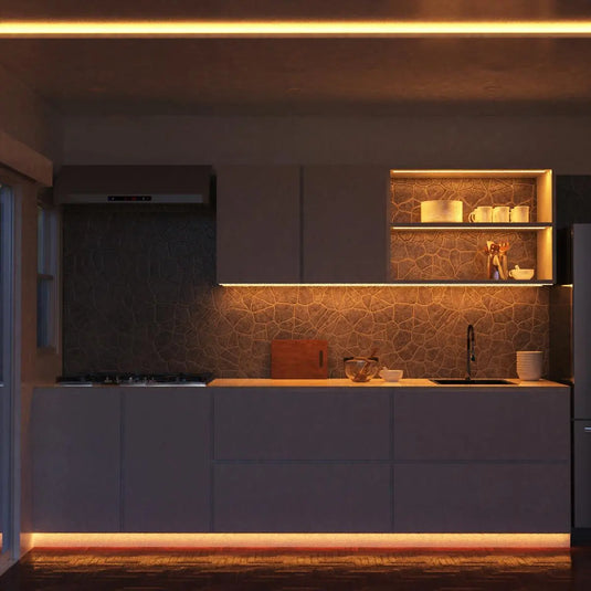 IP67 Dotless, Waterproof COB LED Strip kitchen counter setting in warm white light front facing view