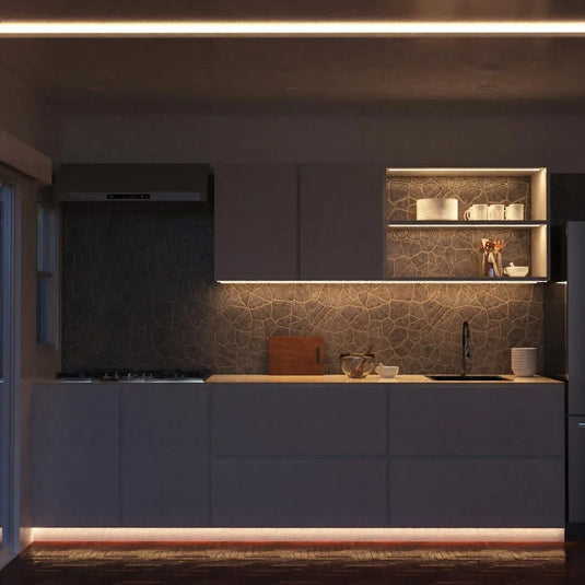 IP67 Dotless, Waterproof COB LED Strip kitchen counter setting in natural warm white light front facing shot