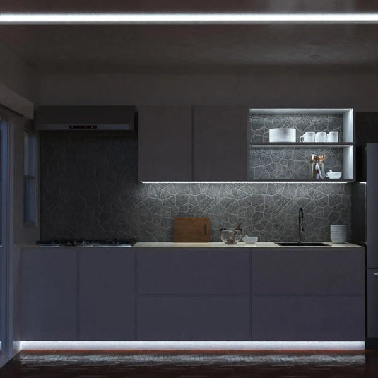 IP67 Dotless, Waterproof COB LED Strip kitchen counter setting in Cool warm white light front facing shot