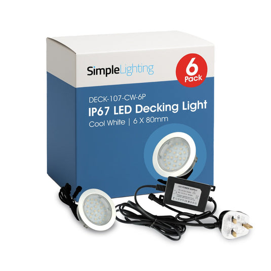 Boxed 6 pack of 80mm cool white decking lights with driver