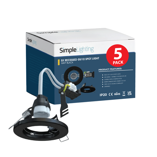 Pack of 5 matt black fixed GU10 downlights