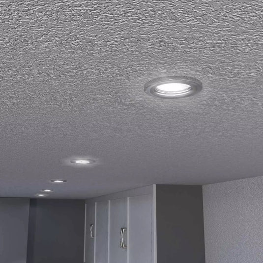 Recessed GU10 Spot Light in Brushed Chrome Finish mounted in ceiling