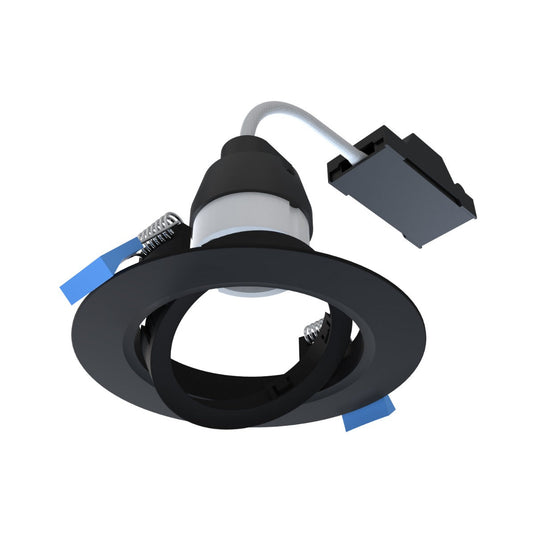 Black tilt downlight with its gimbal and connector