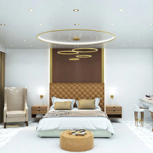 6w, Fire Rated Downlights, Brass mounted in ceiling with cool white light bedroom setting