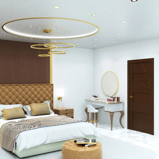 Fire Rated Downlight, Brass in cool white light bedroom setting