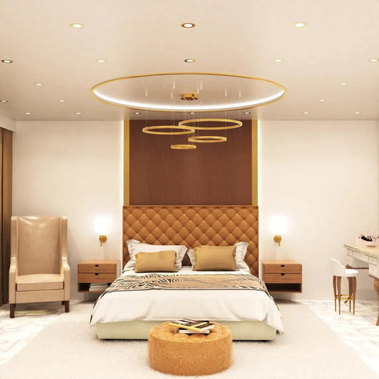 6w, Fire Rated Downlights, Brass mounted in ceiling with natural white light bedroom setting