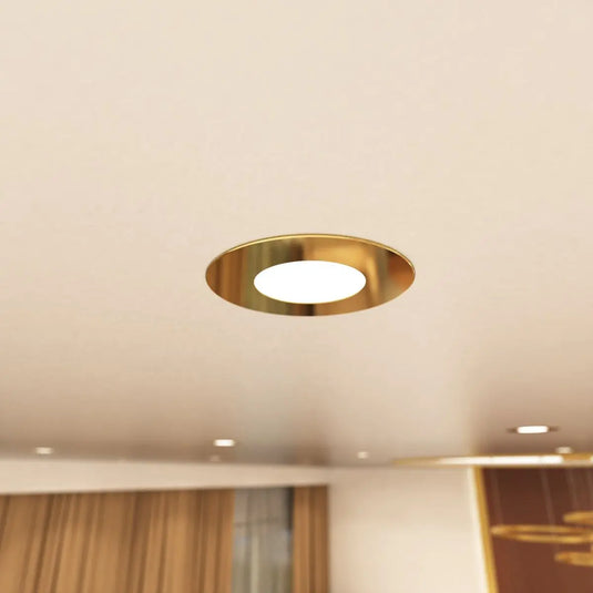 Fire Rated Downlight, Brass in natural white light mounted in ceiling