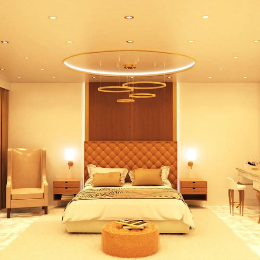 6w, Fire Rated Downlights, Brass mounted in ceiling with warm white light bedroom setting