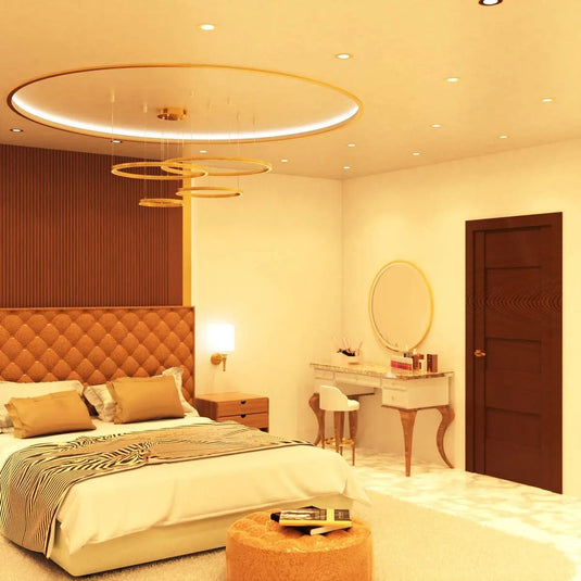 Fire Rated Downlight, Brass in warm white light bedroom setting