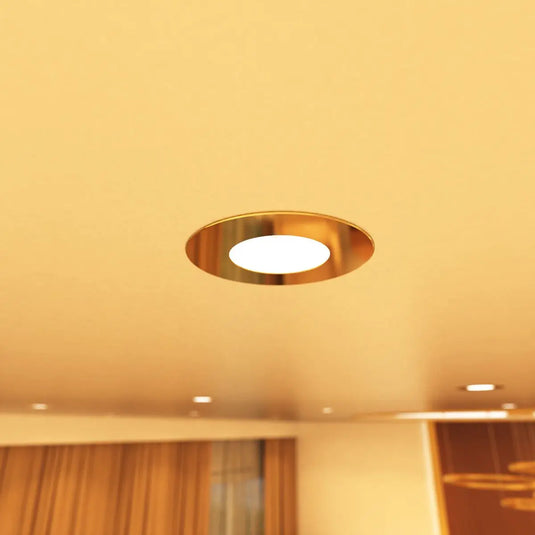 Fire Rated Downlight, Brass warm white light mounted in ceiling