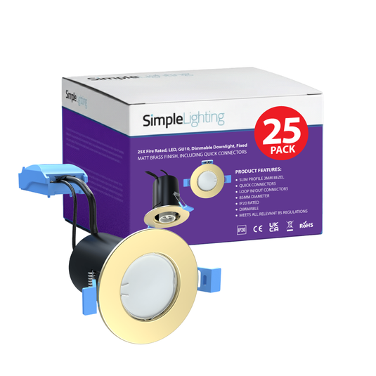 Pack of 25 matt brass fire rated GU10 downlights
