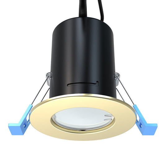 Angled view of the matt brass downlight with lamp