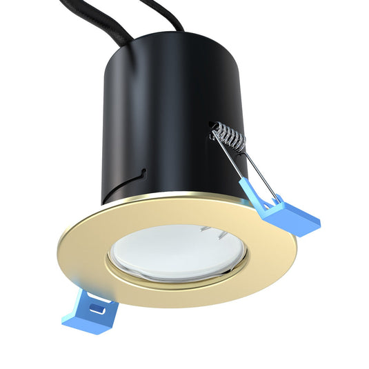 Angled view of the matt brass downlight with lamp