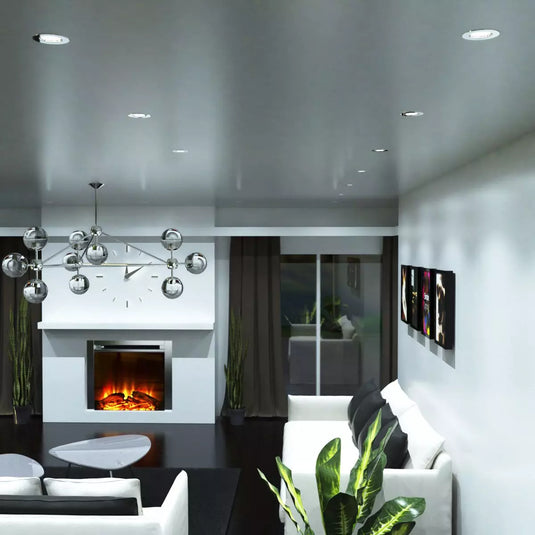 GU10 Downlight, Fire Rated In Brushed Chrome in cool white light ceiling mounted living room setting