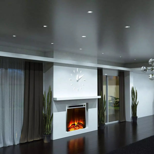 GU10 Downlight, Fire Rated In Brushed Chrome in cool white light near fire place setting