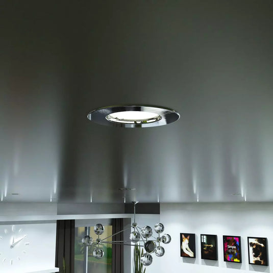 GU10 Downlight, Fire Rated In Brushed Chrome in cool white light close up mounted in ceiling