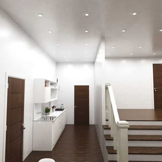 White, Fixed GU10 Fire Rated Downlight in cool white light hallway living room setting