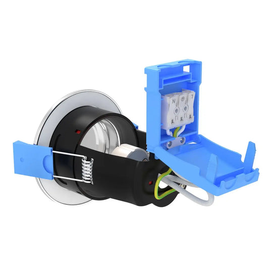 Brushed Chrome, Fire Rated GU10, IP65 Downlight inside mechanism wiring shot
