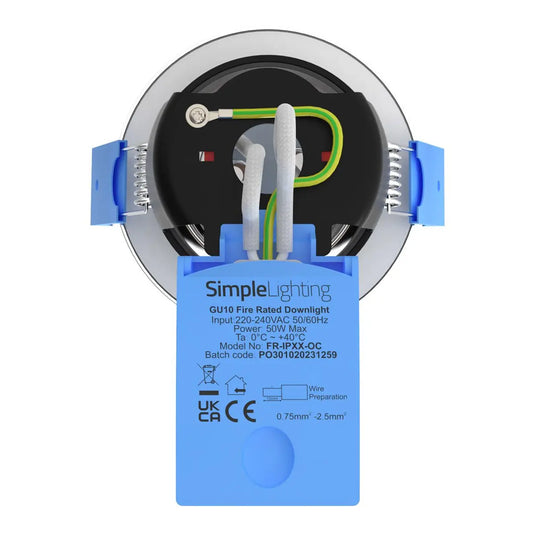 Polished Chrome, IP65 Fire Rated Downlight back with features