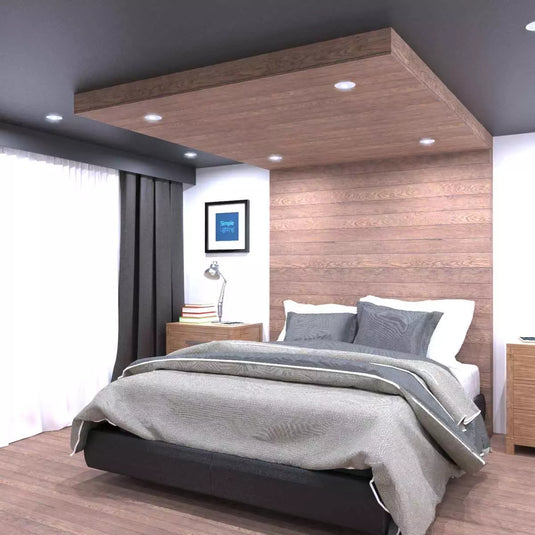 LED Fire Rated Downlight, White Bezel in cool white light bedroom setting