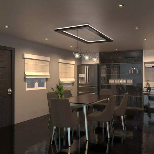 LED Fire Rated Downlight, Matt Black Bezel in warm white light dining area