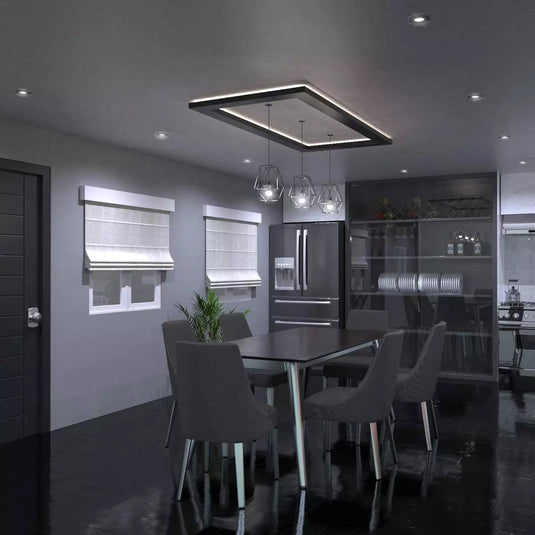 LED Fire Rated Downlight, Matt Black Bezel in cool white light dining area