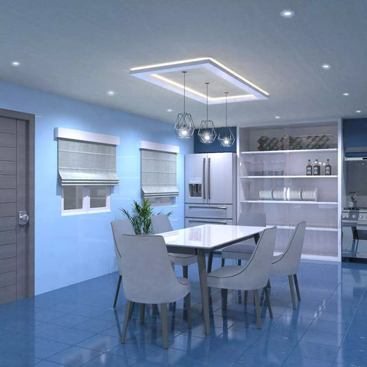 LED Fire Rated Downlight, White Bezel in cool white light dining room setting