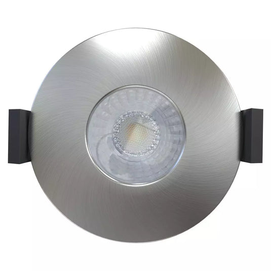 LED Fire Rated Downlight, Brushed Chrome Bezel Front facing