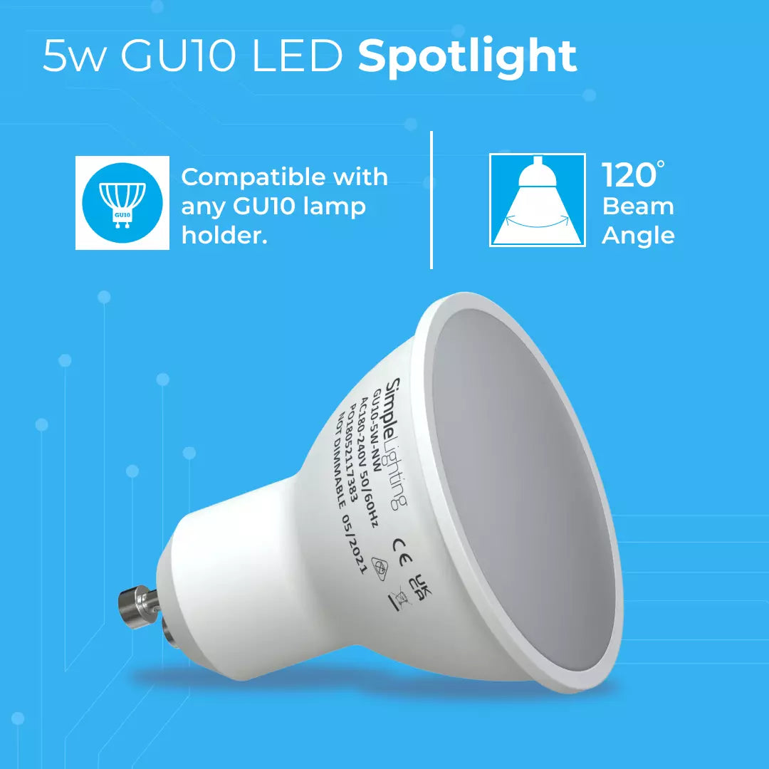 5w, GU10 LED Spotlight Bulb - Cool, Warm or Natural White