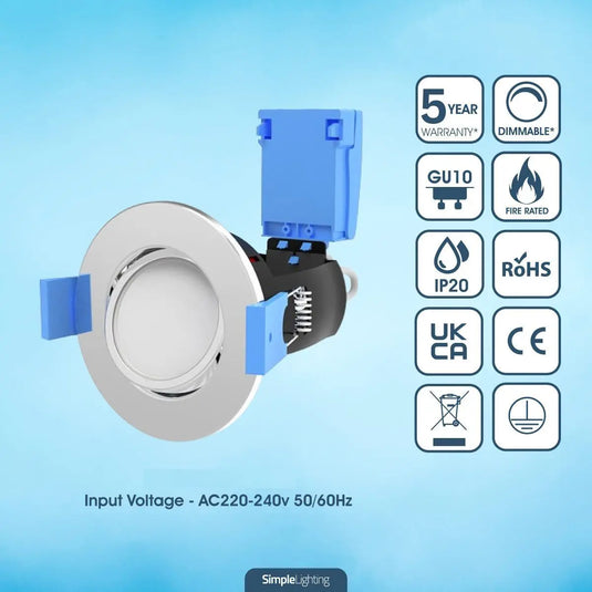 Chrome, Tilt, Fire Rated GU10 Downlight key features