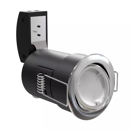 Die-Cast, Tilt, Fire side shot of Rated Downlight. GU10, Twist and Lock - Brushed Chrome with bulb