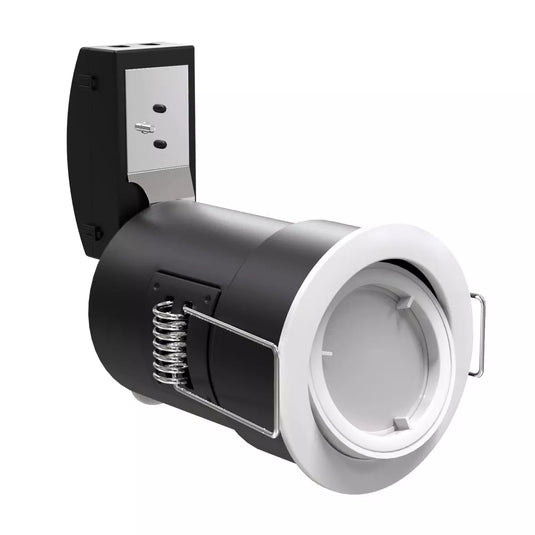 side shot of Die-Cast, Tilt, Fire Rated Downlight. GU10, Twist and Lock - White with bulb