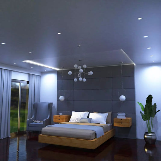 Bedroom with mounted cool white brushed chrome downlight